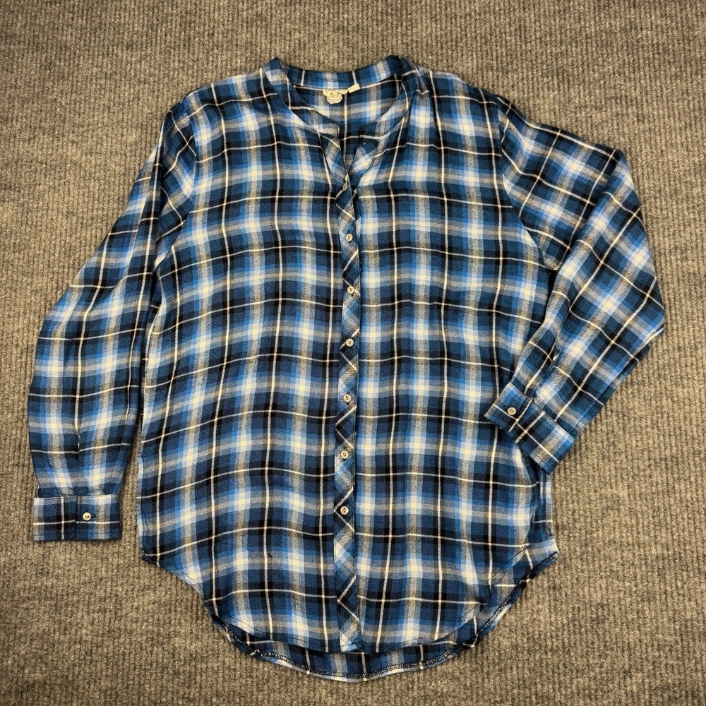 White Crow Flannel Button Up Shirt Womens‎ L Blue Plaid Tunic Grunge Heritage